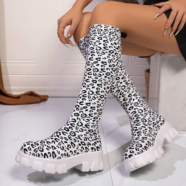 Women's Block Heel Leopard Print Knee-High Sock Boots 04685952C