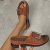 Women's Casual Plaid Round Toe Wedge Slide Sandals with Square Buckle 78224837C