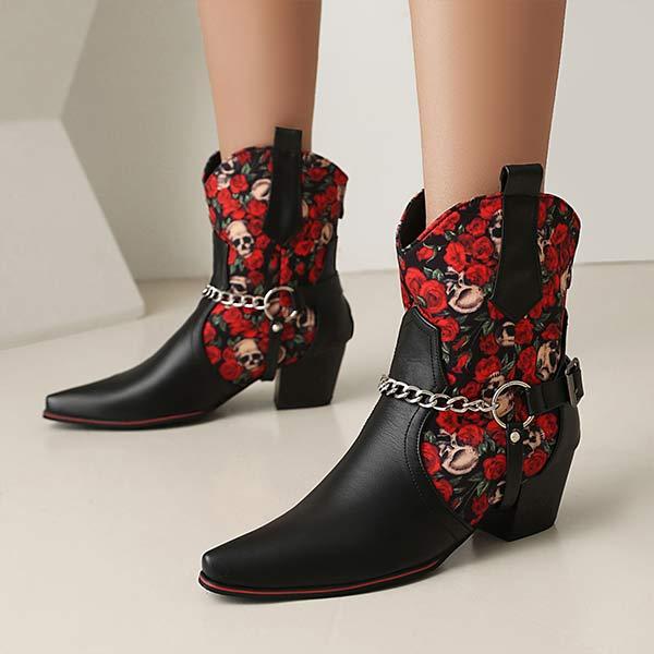 Women's Floral Color Block Metal Chain Western Ankle Boots 47138833C