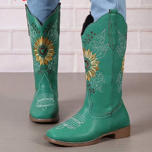 Women's Vintage Embroidered Chunky Heel Long Boots 54607670C