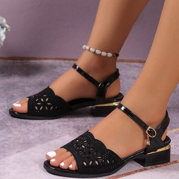 Women's Stylish Hollow-Out Rhinestone Embellished Chunky Heel Sandals 62714498C