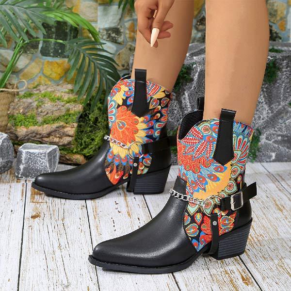 Women's Flower Applique Colorblock Metallic Chain Western Cowboy Boots 83374676C