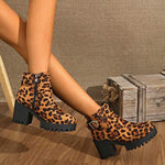 Women's Round Toe Thick Sole High Heel Leopard Print Combat Boots 04891976C