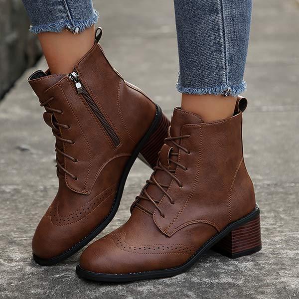 Women's Vintage-Style Side-Zip Chunky Heeled Lace-Up Ankle Boots 13789344C