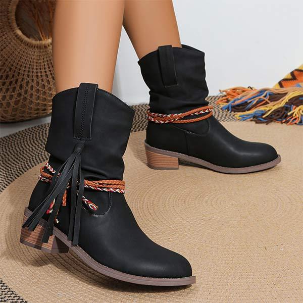 Women's Chunky Heel Ruched Tassel Slouch Boots 27540790C