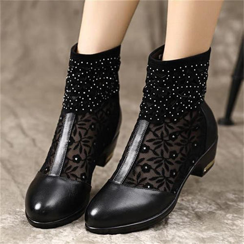 Women's Casual Rhinestone Hollow Block Heel Ankle Boots 77177330S