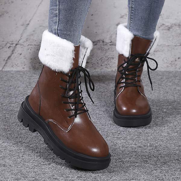 Women's Fur-Trimmed Lace-Up Thick-Soled Mid-Calf Boots 29631132C