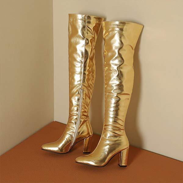 Women's Gold and Silver Block-Heel Over-the-Knee Combat Boots 36666311C