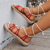 Women's Round Toe Linen Woven Flat Sandals with Color Block Straps 67351526C