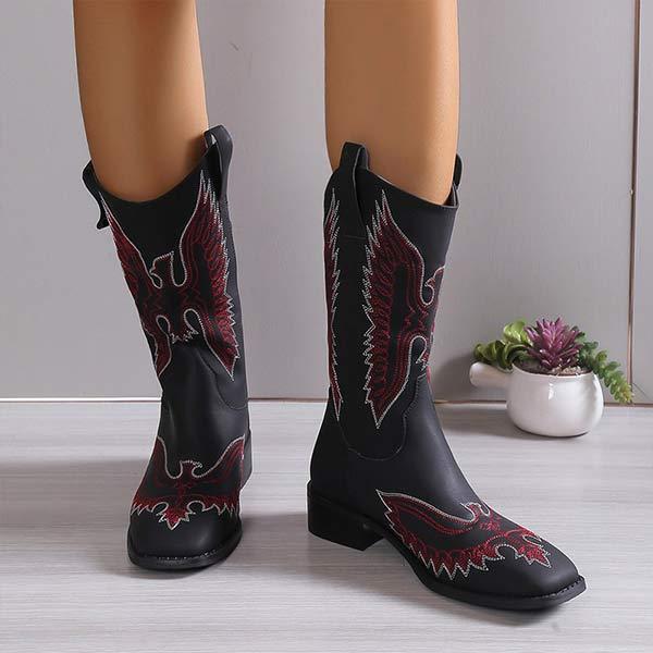 Women's Vintage Embroidered Pointed Toe Chunky Heel Riding Boots 85282741C