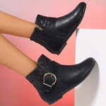 Women's Flat Ankle Boots with Side Zipper and Metal Buckle Strap 90758357C