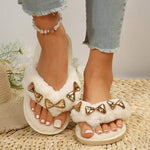 Women's Rhinestone Toe-Loop Furry Slippers with Bow 65061363C