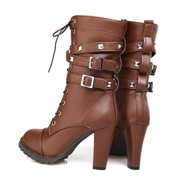 Women's Side Zipper Studs Chunky Heel Mid-Calf Boots with High Heel and Lace-Up Martin Boots 33341609C