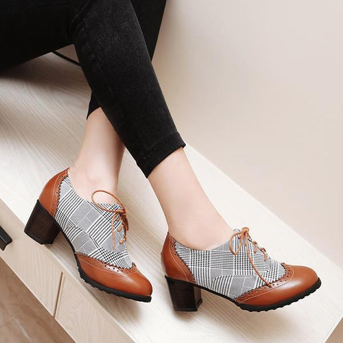 Women's Retro Plaid Lace-Up Casual Block Heels 78411176S