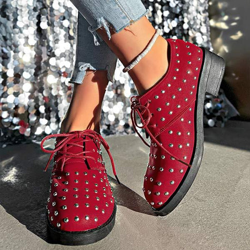 Women's Low-Heeled Metal Rivet Lace-Up Lazy Fashion Shoes 04244857C