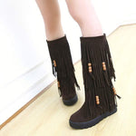 Women's Beaded Fringe Wedge Knee-High Boots 91869043C