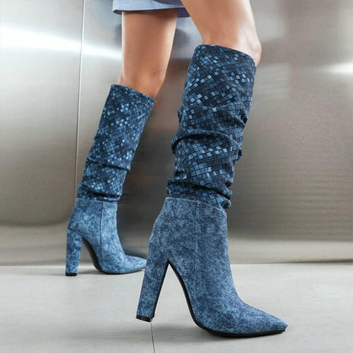 Women's Fashionable Rhombus Thick Heel Knee-High Boots 45848515S