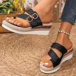 Women's Belt Buckle Thong Toe Wedge Sandals 71601617C