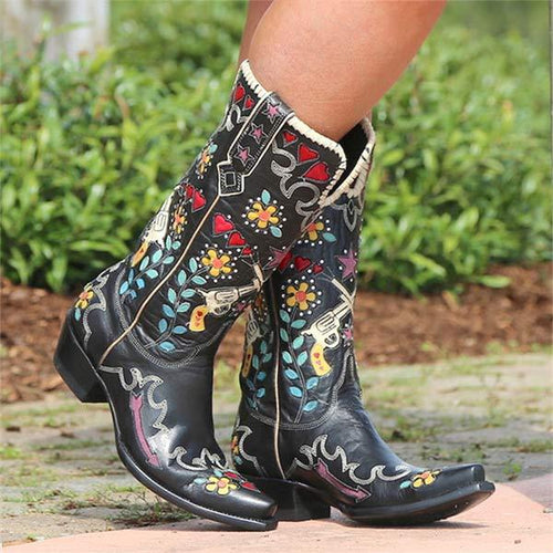 Women's Pointed Toe Low Heel Mid-Calf Boots with Embroidered Shaft 37889004C