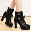 Women's High-Heel Waterproof Platform Short Boots with Lace-Up Chunky Heel and Round Toe 16910046C