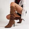 Women's Pointed Toe Leopard Print Ruched Over-the-Knee Stiletto Boots 20752947C