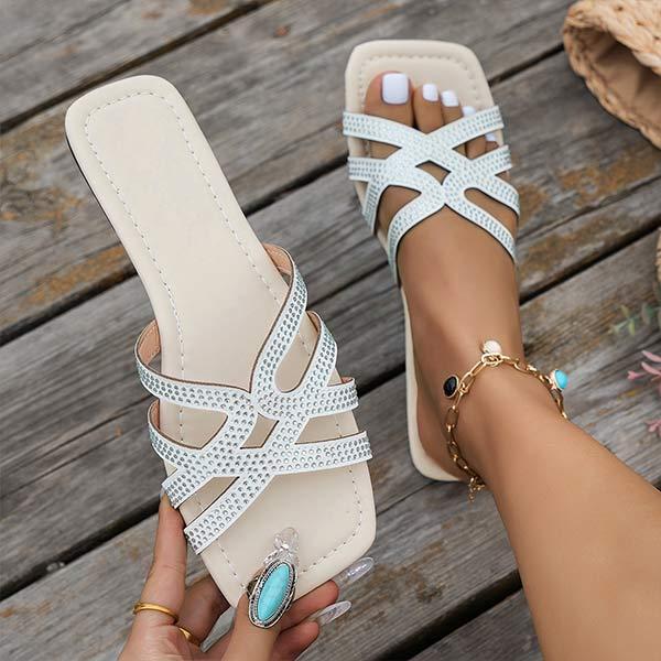 Women's Open Toe Flat Sandals with Rhinestone Embellishments 10210529C