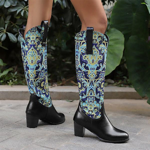 Women's Fashionable Ethnic Style Chunky Heel Knee-High Boots 48682451S