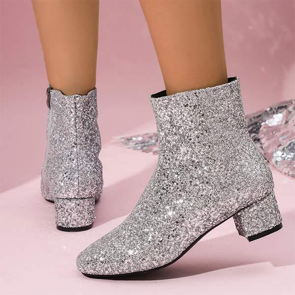 Women's Mid-Heel Sequined Side-Zip Fashion Boots 27045486C