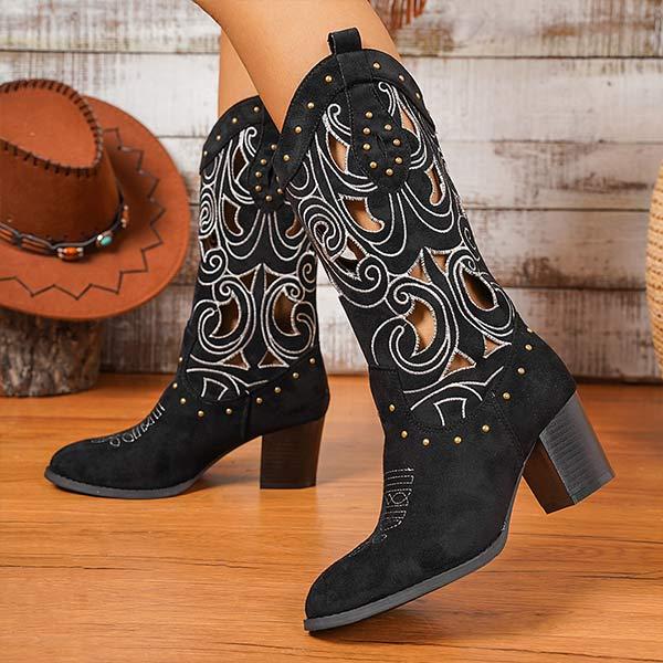 Women's Vintage Embroidered Mid-Calf Chunky Heel Boots 04778684C