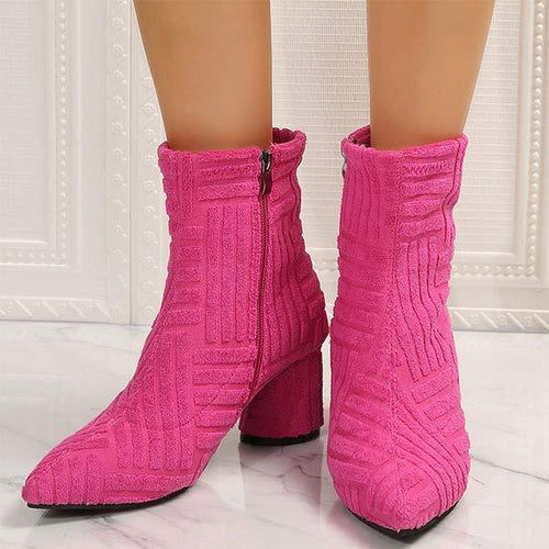 Women's Chunky Heel Towel Fabric High Heel Side-Zip Fashion Ankle Boots 80890471C