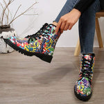 Women's Patent Leather Printed Chunk Heel Ankle Boots Front Lace Up Martin Boots 79451465C