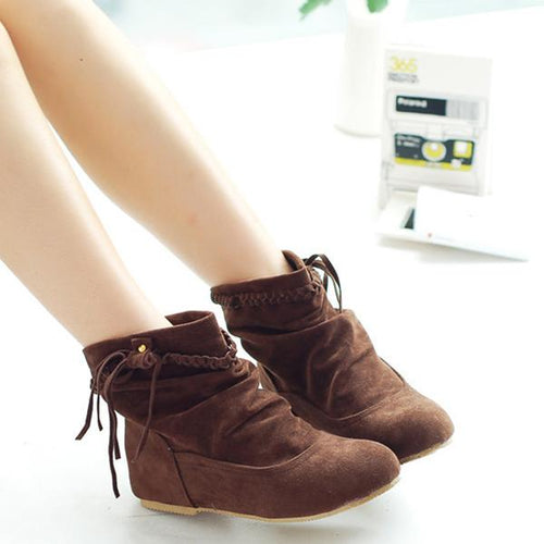 Women's Casual Fringe Braided Suede Flat Short Boots 75402416S