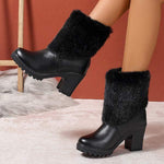 Women's High Heel Chunky Heel Back Zipper Short Boots with Fuzzy Collar 14619724C