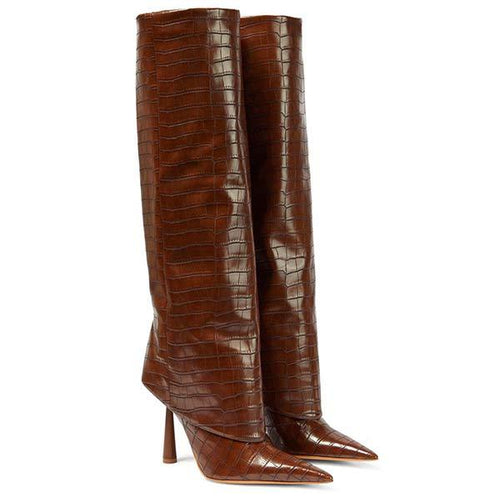 Women's Pointed Toe Stiletto Heel Croc-Embossed Wide-Calf Tall Boots 29578060C