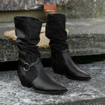 Women's Retro Spliced Belt Buckle Pointed Toe Block Heel Boots 51328050S