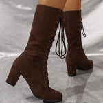 Women's Lace-Up Suede Block Heel Knee-High Boots 77293264C