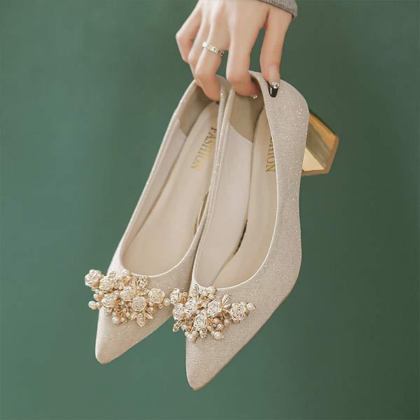 Women's Pointed Toe Thick Heel Bridal Shoes High Heels 66437946C