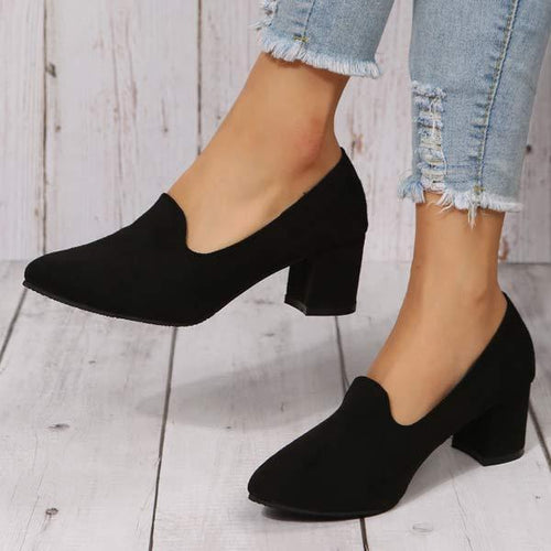 Women's Suede Chunky Heel Pumps with Low Vamp 37112914C