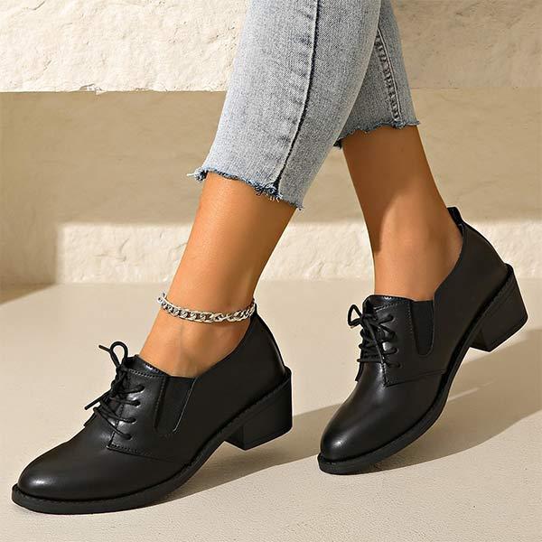 Women's Solid Color Non-Slip Low Block Heel Lace-Up Flats 69907224C