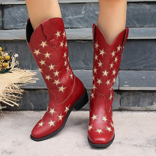 Women's Retro Star Block Heel Western Cowboy Boots 72784414S