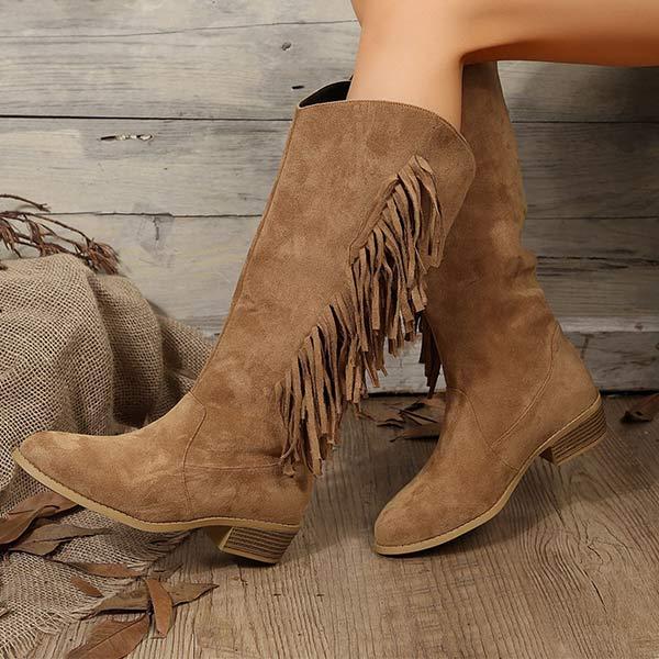 Women's Suede Tassel Block Heel Knee-High Riding Boots 53269765C