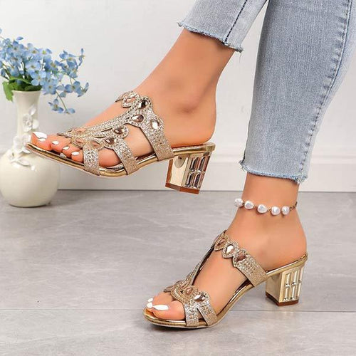 Women's Chunky and Medium Heel Sandals with Rhinestone Cutouts 41798404C