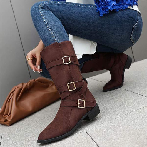 Women's Low Heel Buckle Strap Suede Mid-Calf Boots 94772247C