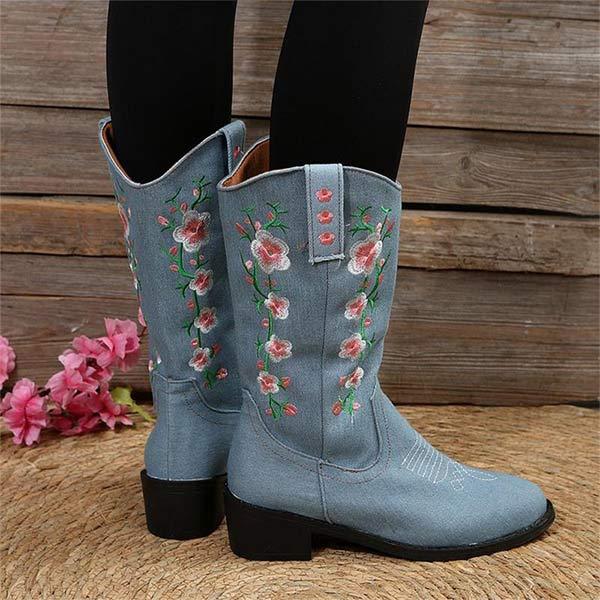 Women's Embroidered Block Heel Mid-Calf Riding Boots 38915246C