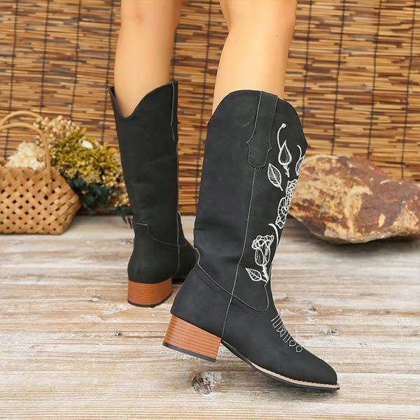 Women's Embroidered Vintage Chunky Heel Long Boots 65776009C