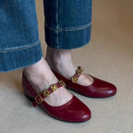 Women's Genuine Leather Mary Jane Shoes with Metal Strap Buckle 26092073C