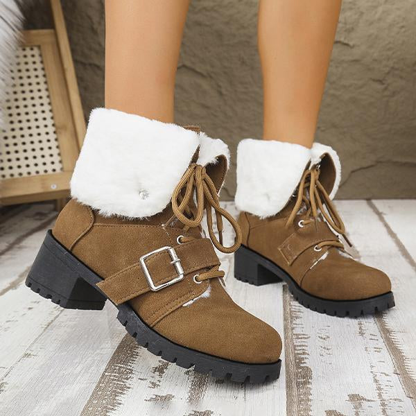 Women's Casual Plush Lace-Up Block Heel Snow Boots 94761948S