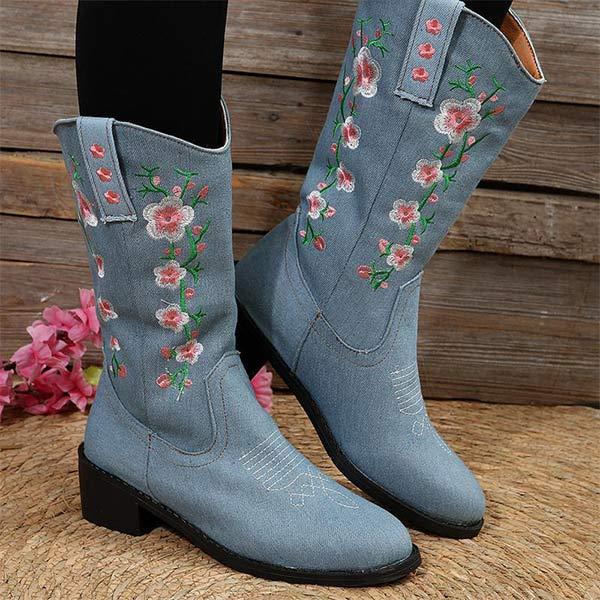 Women's Embroidered Block Heel Mid-Calf Riding Boots 38915246C