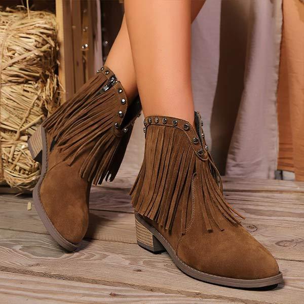 Women's Studded Fringe Chunky Heeled Ankle Boots 44140372C