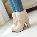 Women's Casual Furry Lace-Up Chunky Heel Short Boots 30607043S